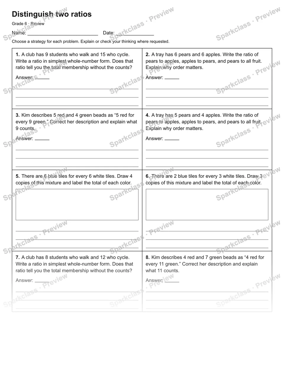 Distinguish two ratios — Review — Grade 6 worksheet preview