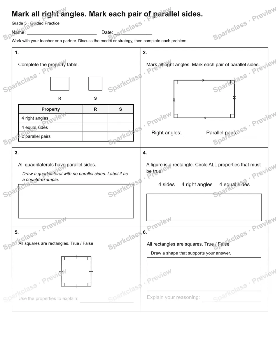 Mark all right angles. Mark each pair of parallel sides. — Guided Practice — Grade 5 worksheet preview