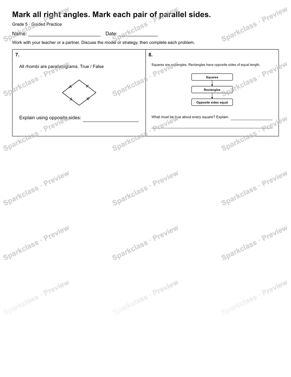 Mark all right angles. Mark each pair of parallel sides. — Guided Practice — page 2