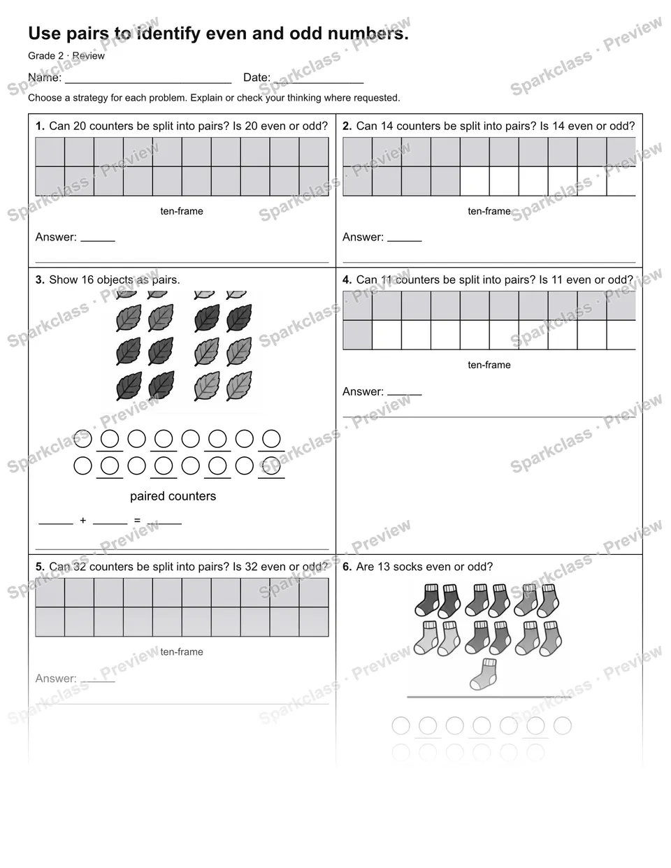 Use pairs to identify even and odd numbers. — Review — Grade 2 worksheet preview
