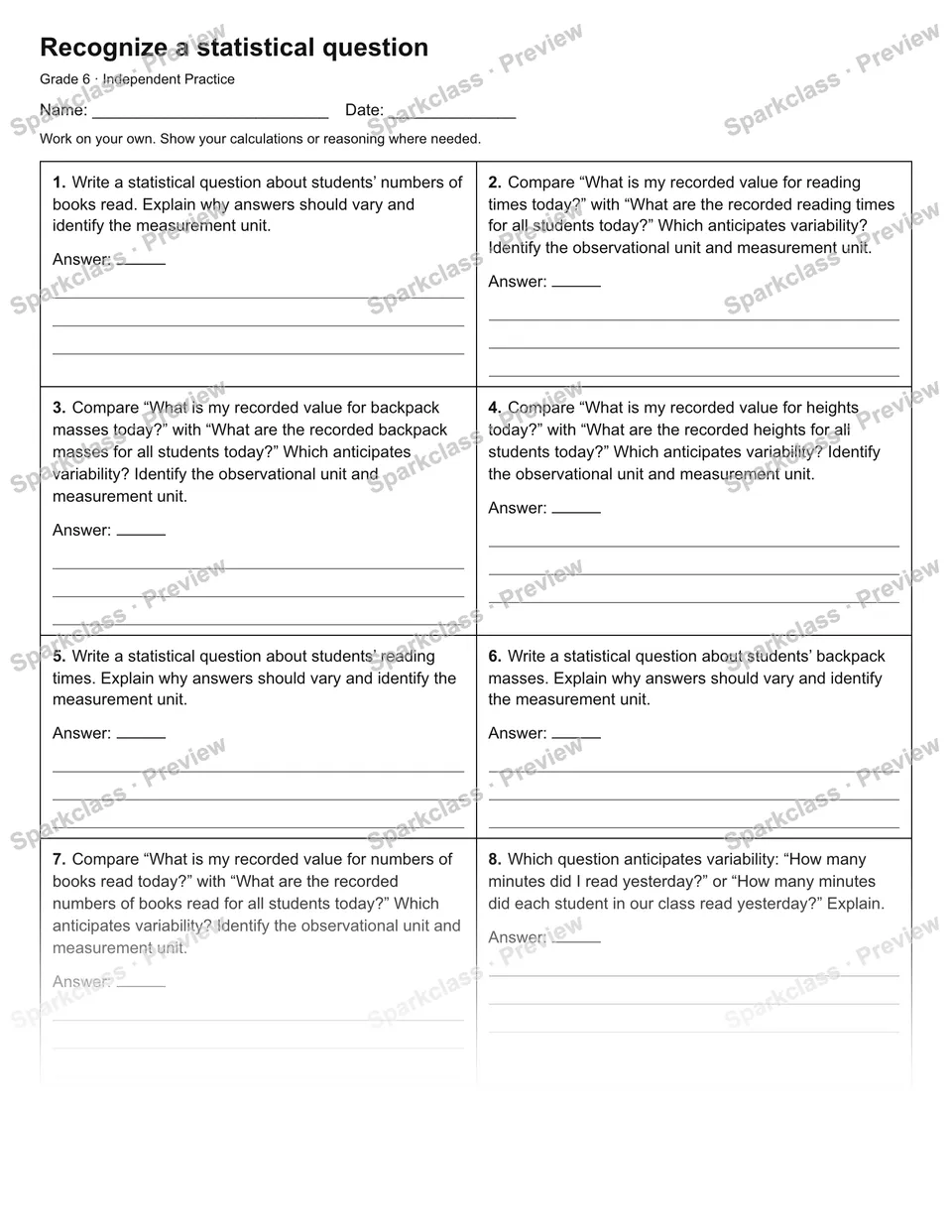 Recognize a statistical question — Independent Practice — Grade 6 worksheet preview
