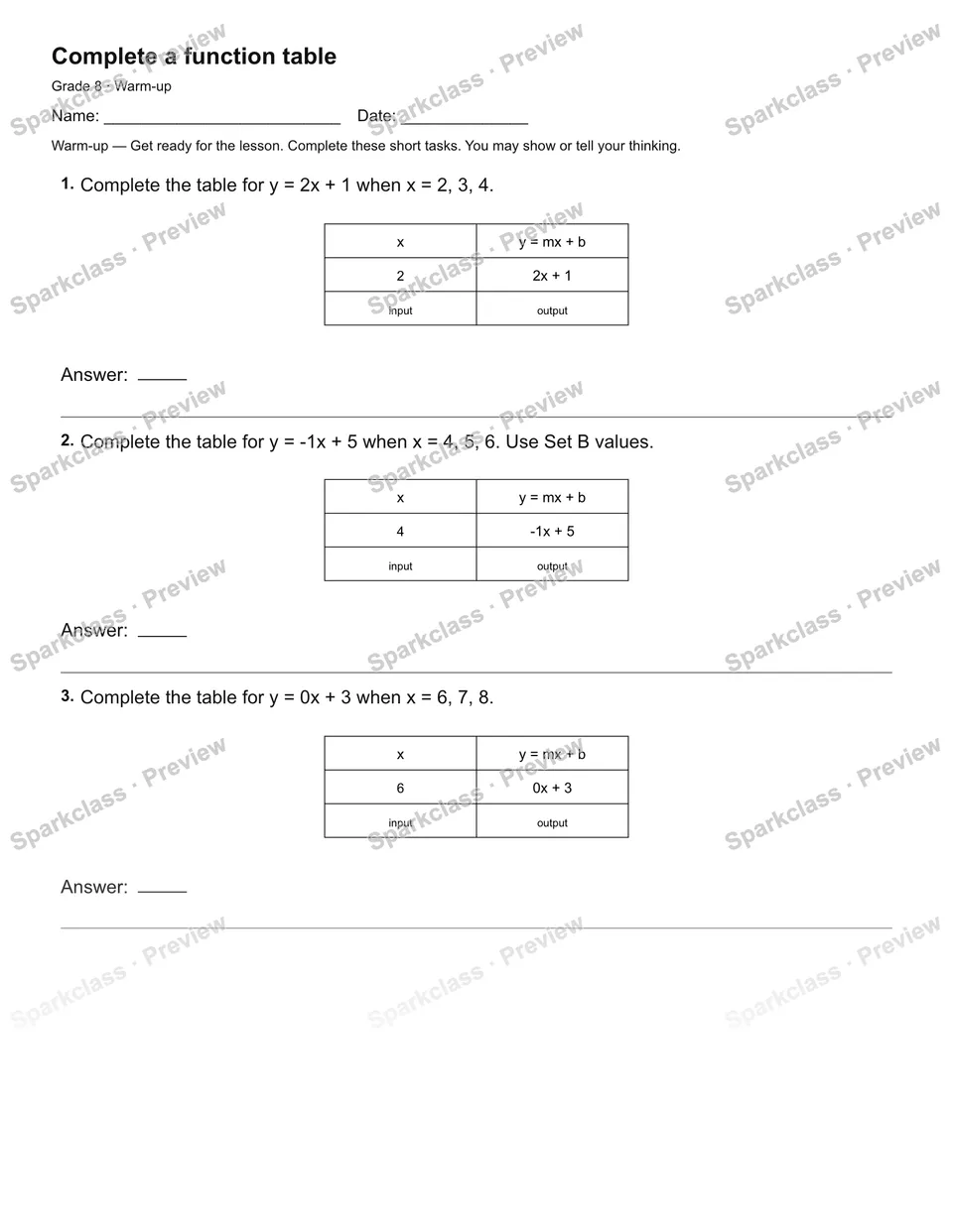 Complete a function table — Warm-up — Grade 8 worksheet preview