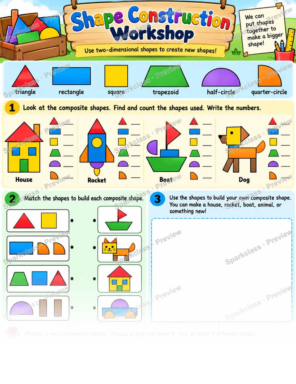 Shape Construction 2d — Grade 1 worksheet preview