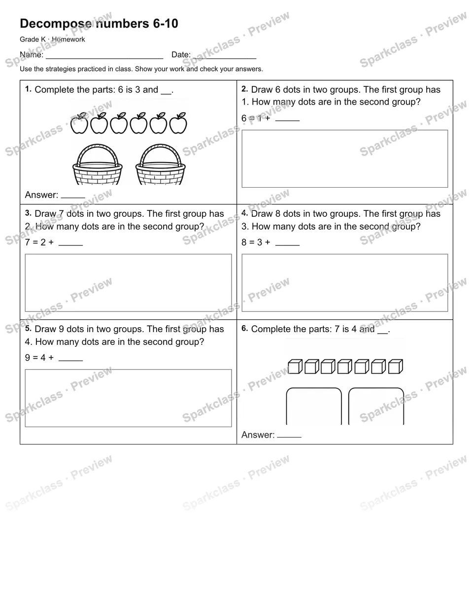 Decompose numbers 6-10 — Homework — Kindergarten worksheet preview