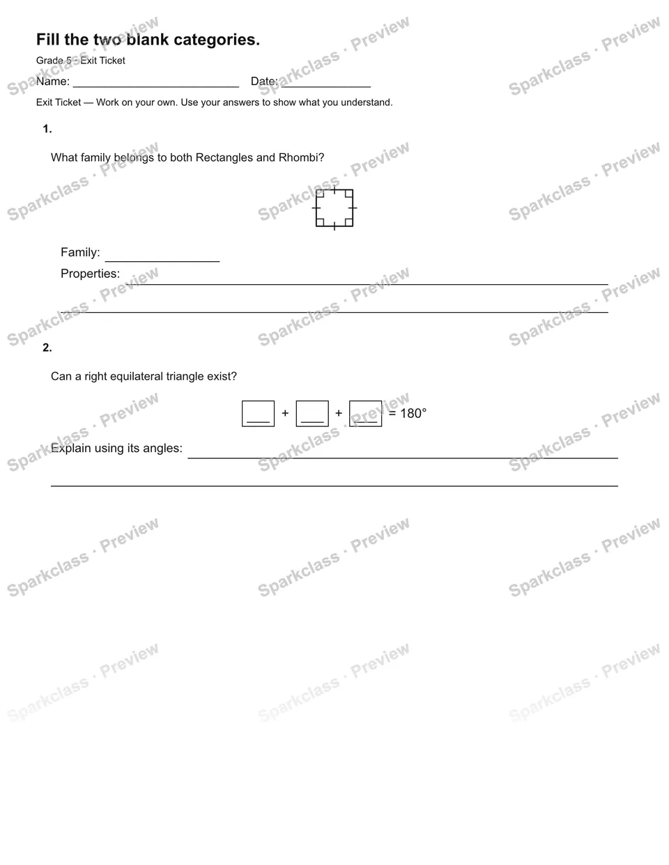 Fill the two blank categories. — Exit Ticket — Grade 5 worksheet preview