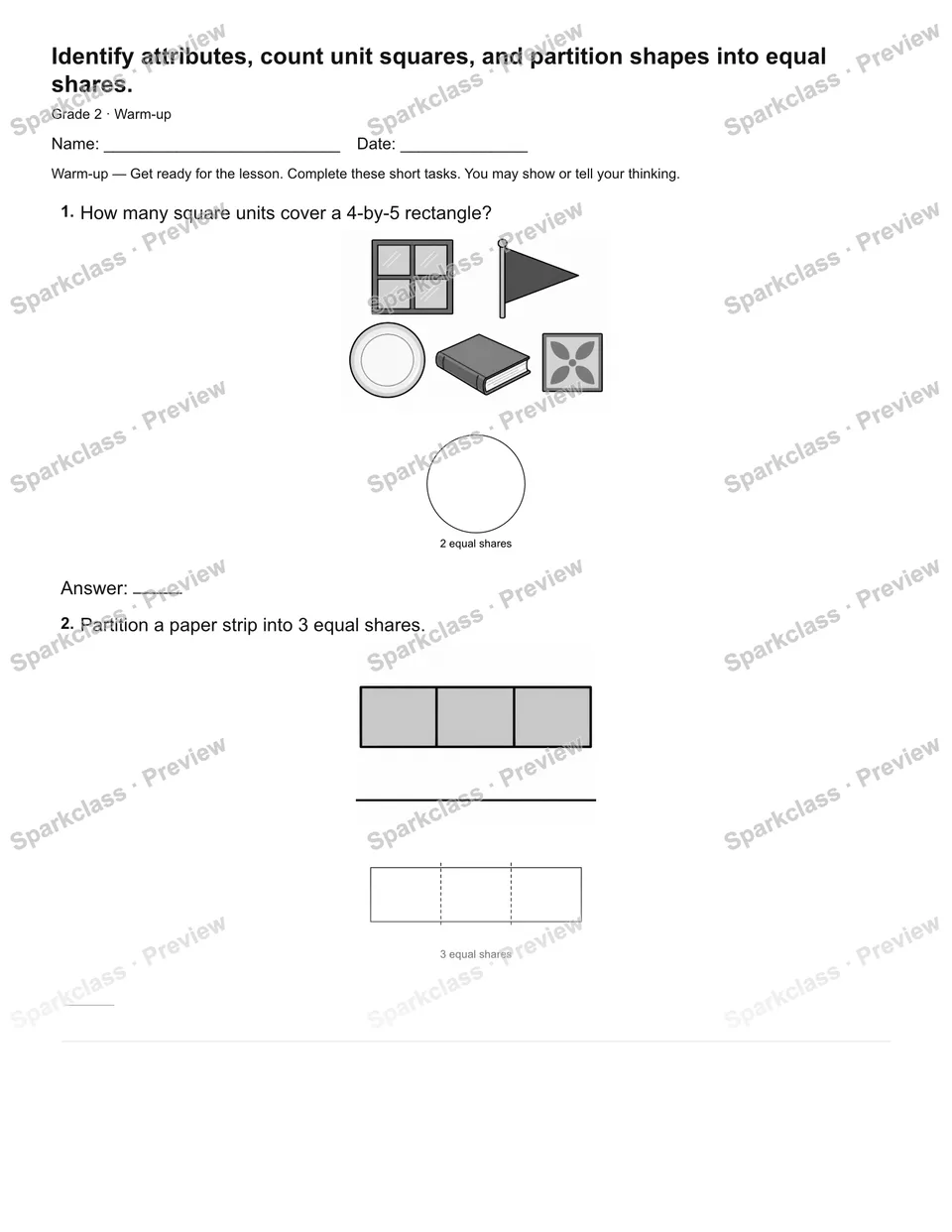 Identify attributes, count unit squares, and partition shapes into equal shares. — Warm-up — Grade 2 worksheet preview