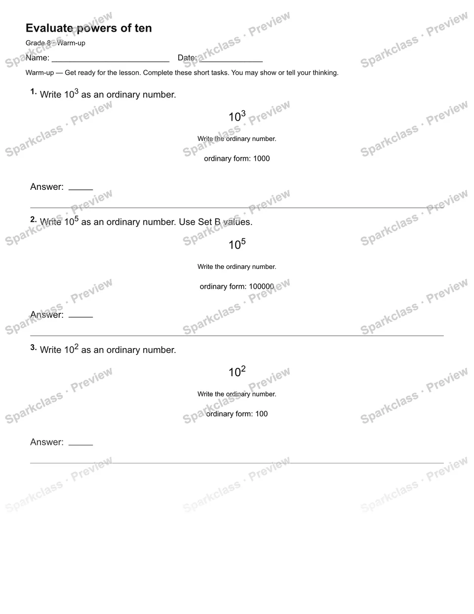 Evaluate powers of ten — Warm-up — Grade 8 worksheet preview