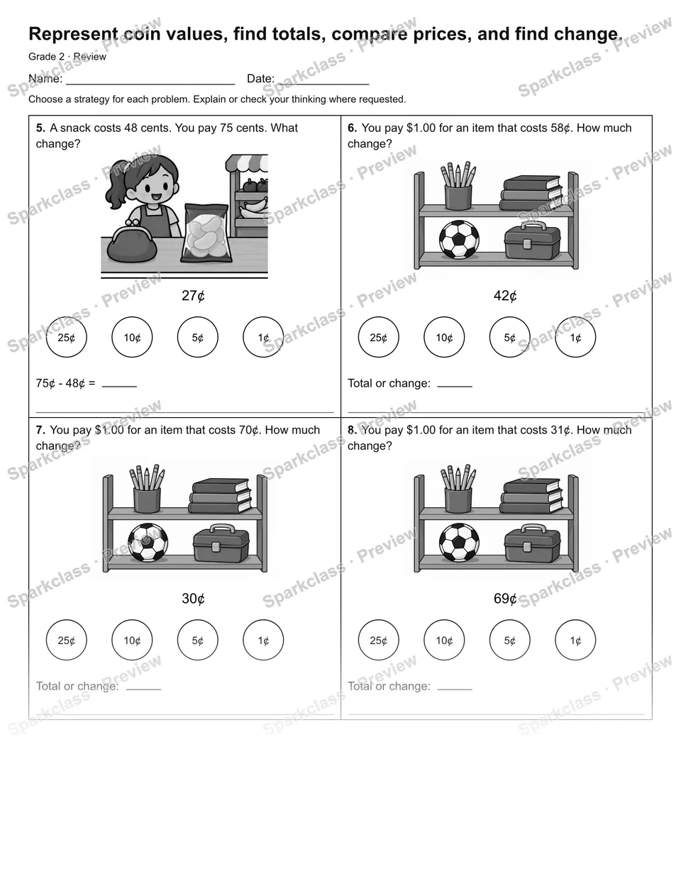Represent coin values, find totals, compare prices, and find change. — Review — page 2
