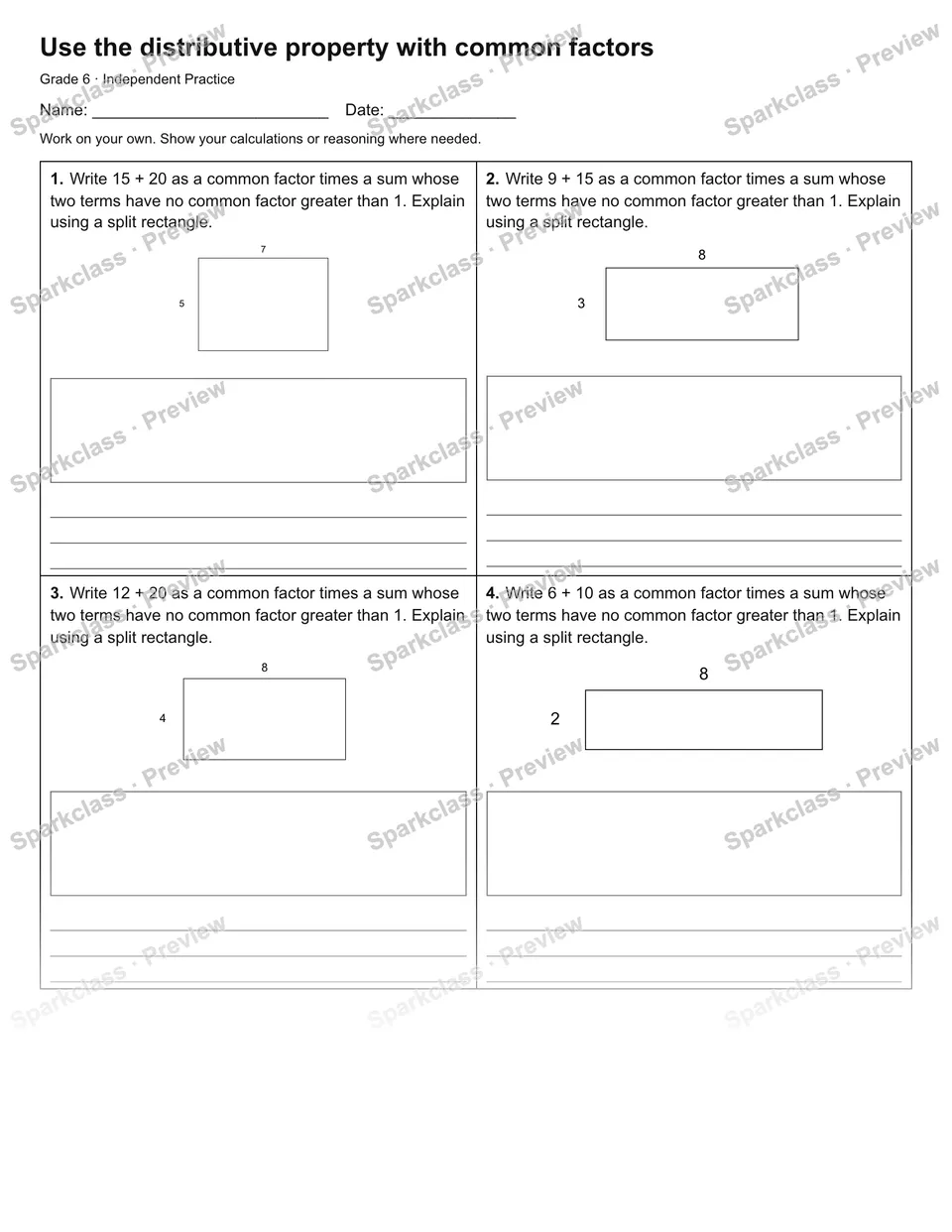 Use the distributive property with common factors — Independent Practice — Grade 6 worksheet preview