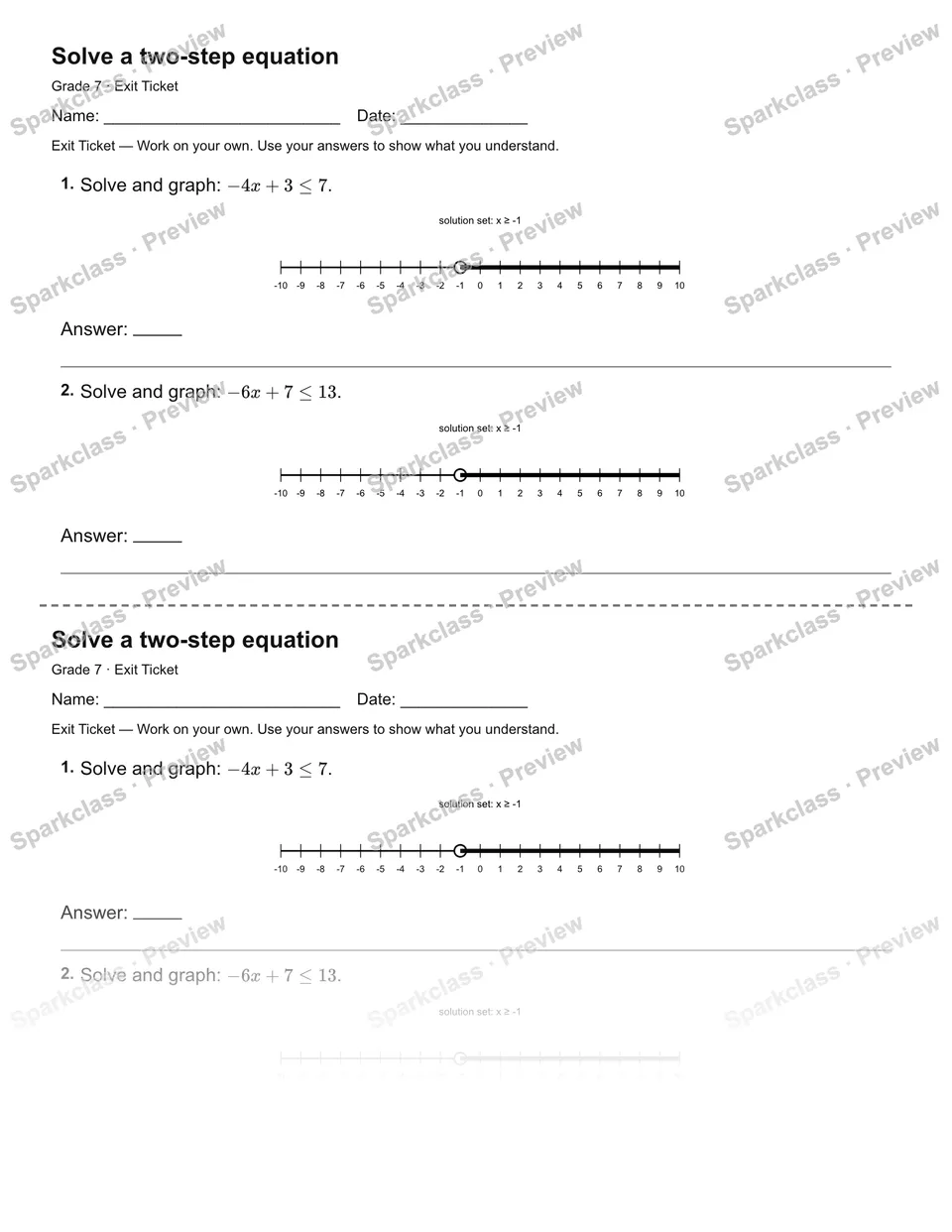 Solve a two-step equation — Exit Ticket — Grade 7 worksheet preview