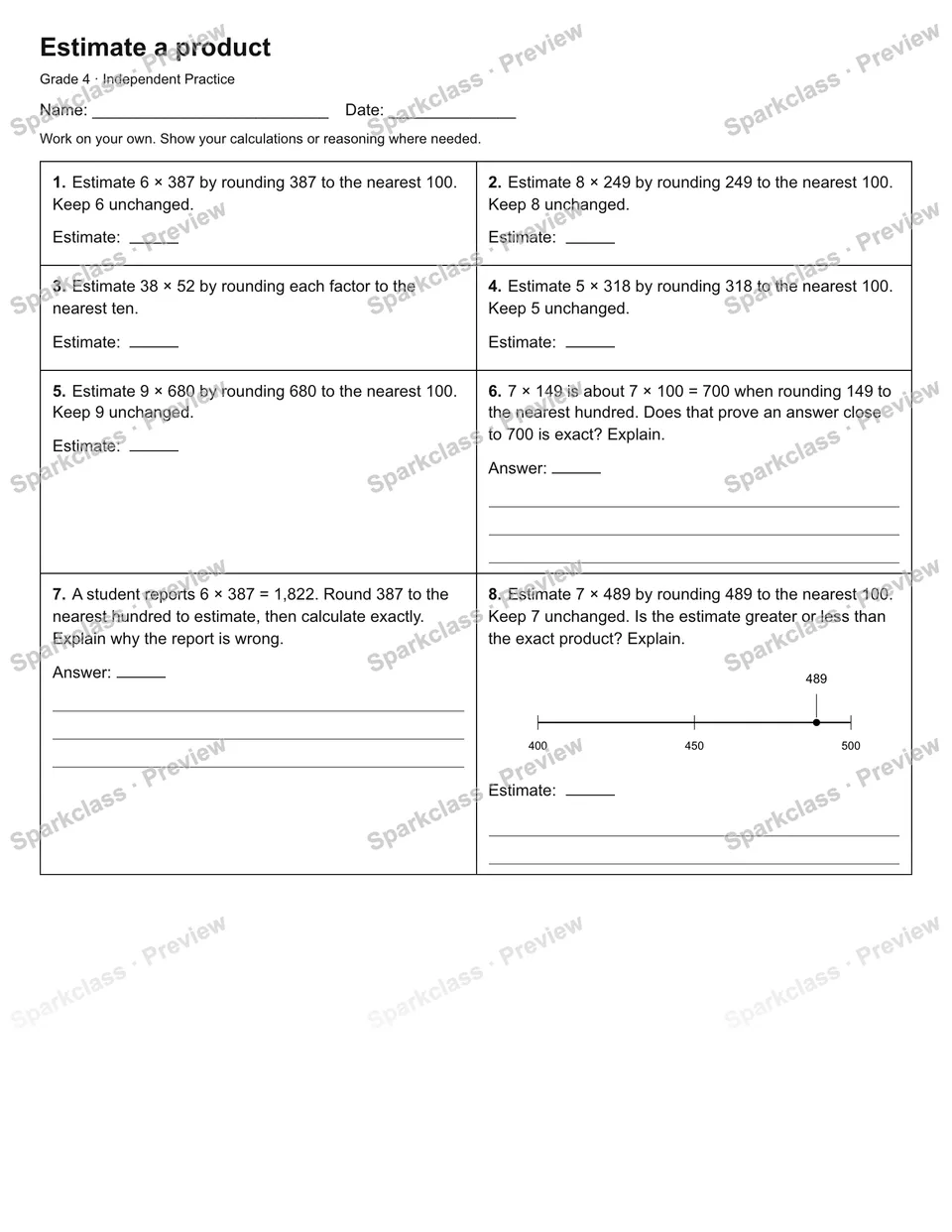 Estimate a product — Independent Practice — Grade 4 worksheet preview
