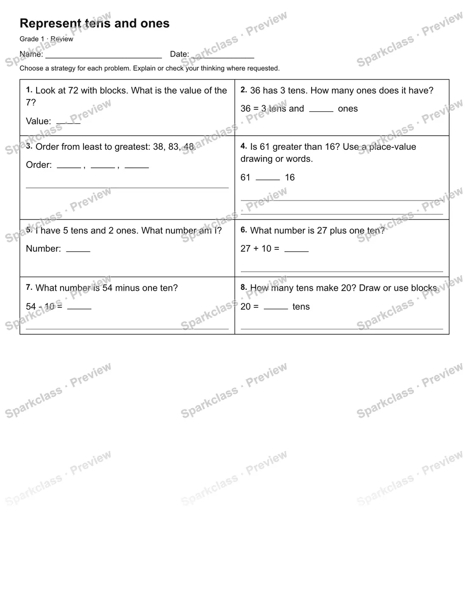 Represent tens and ones — Review — Grade 1 worksheet preview