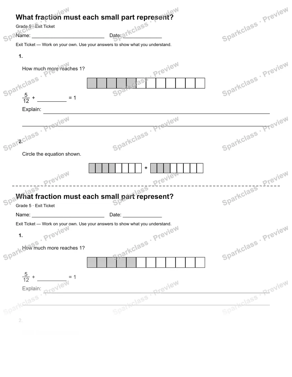What fraction must each small part represent? — Exit Ticket — Grade 5 worksheet preview