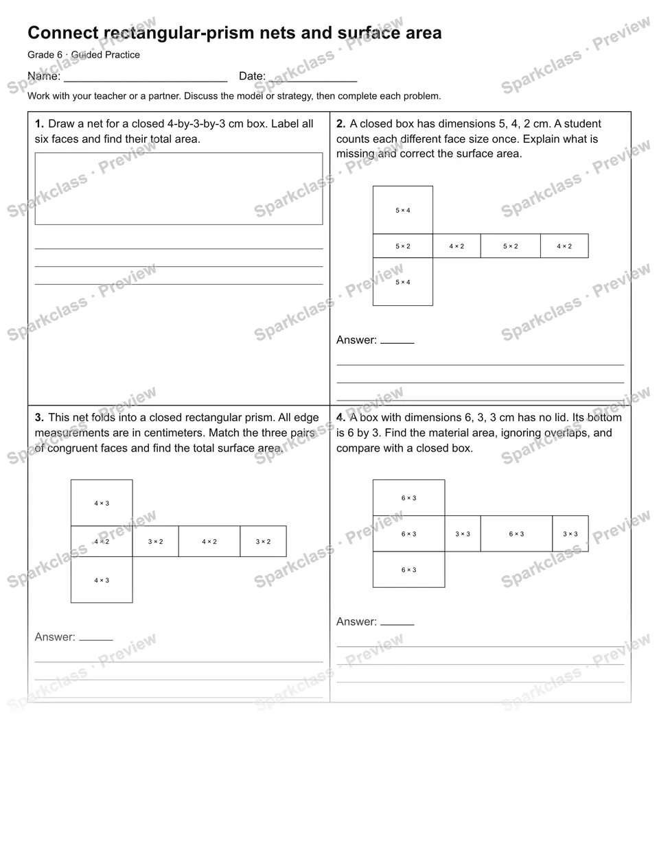 Connect rectangular-prism nets and surface area — Guided Practice — Grade 6 worksheet preview