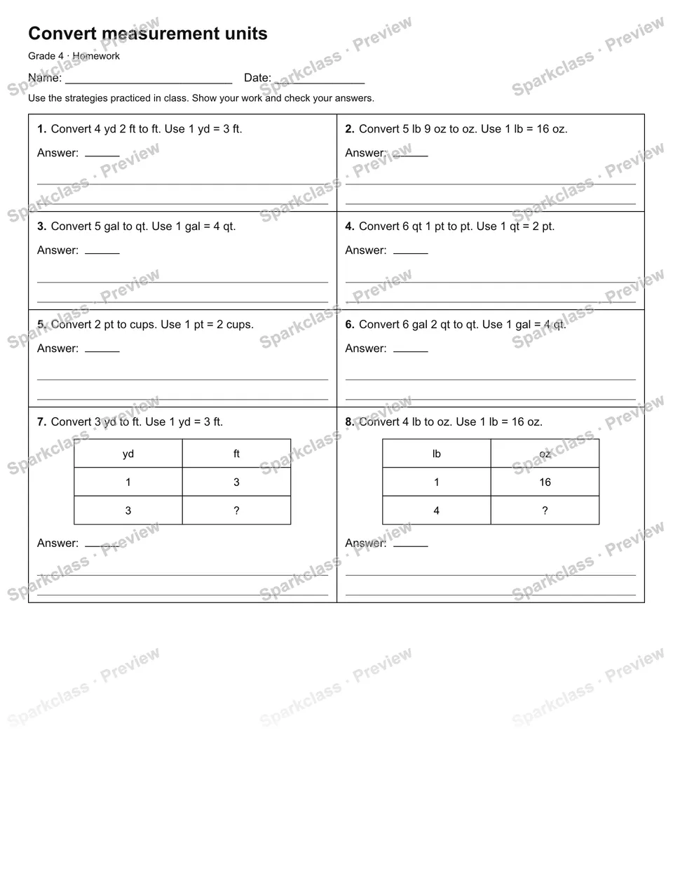Convert measurement units — Homework — Grade 4 worksheet preview