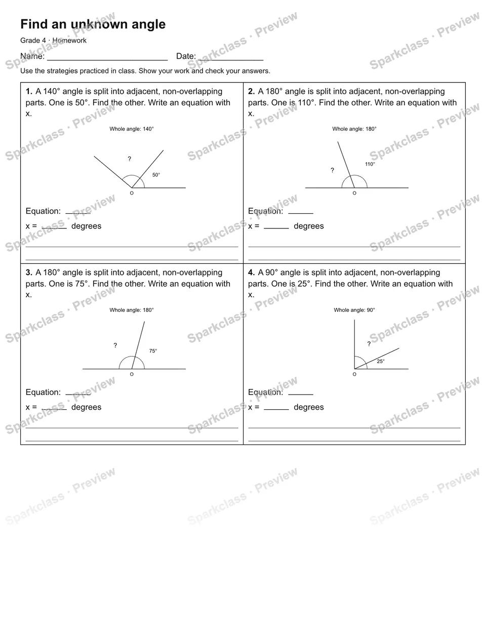 Find an unknown angle — Homework — Grade 4 worksheet preview