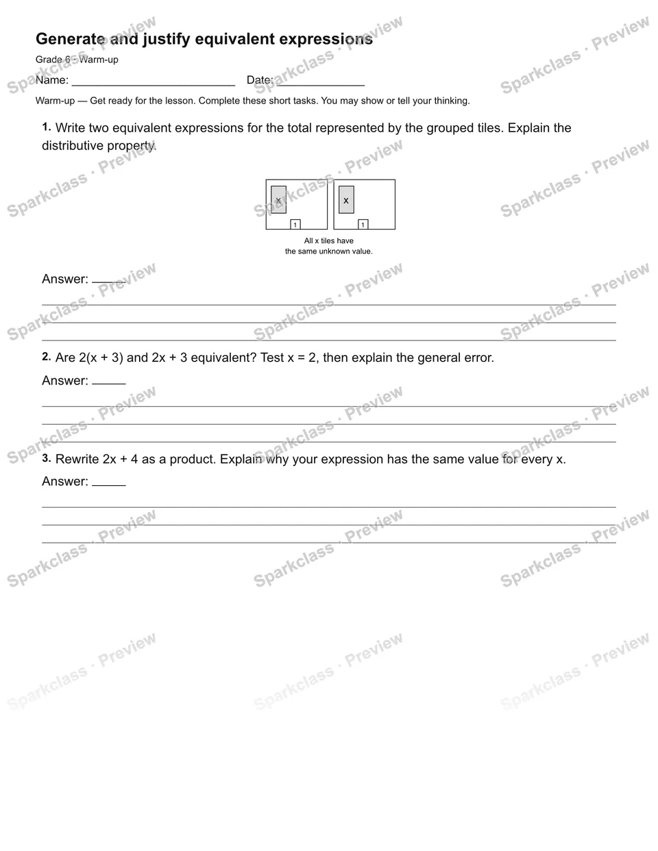 Generate and justify equivalent expressions — Warm-up — page 2