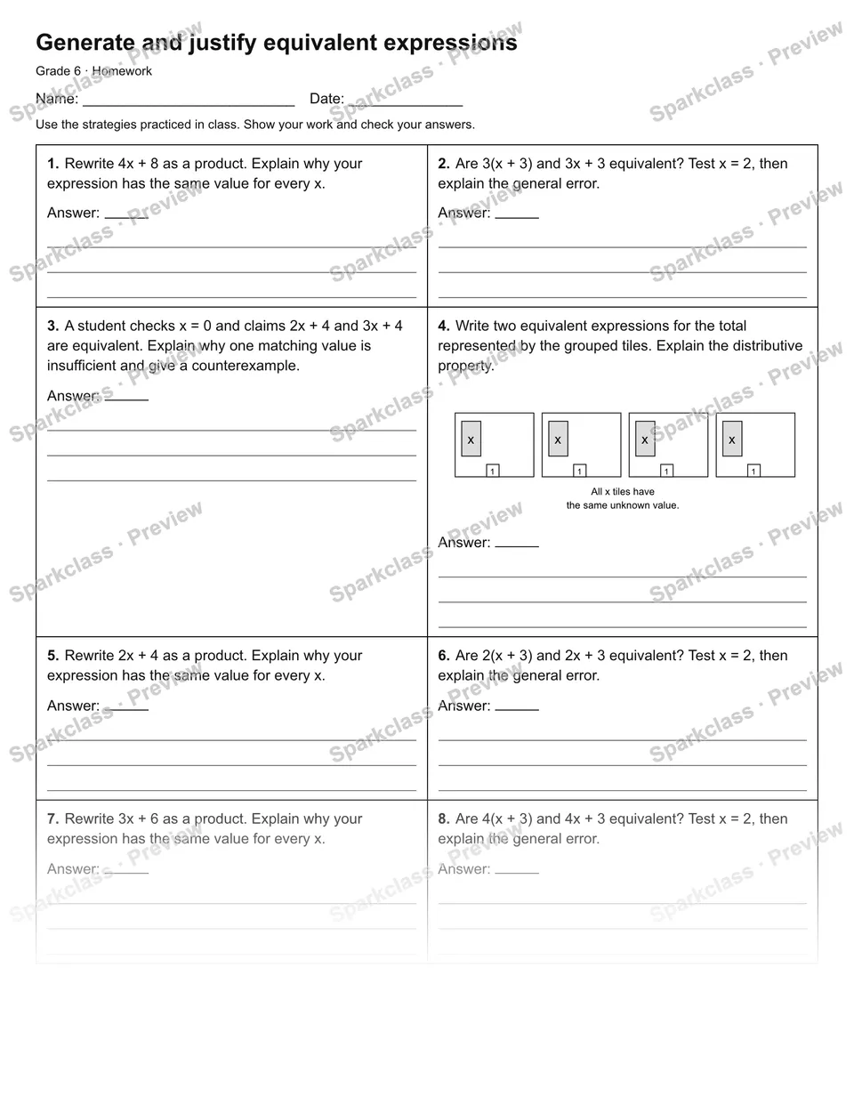 Generate and justify equivalent expressions — Homework — Grade 6 worksheet preview