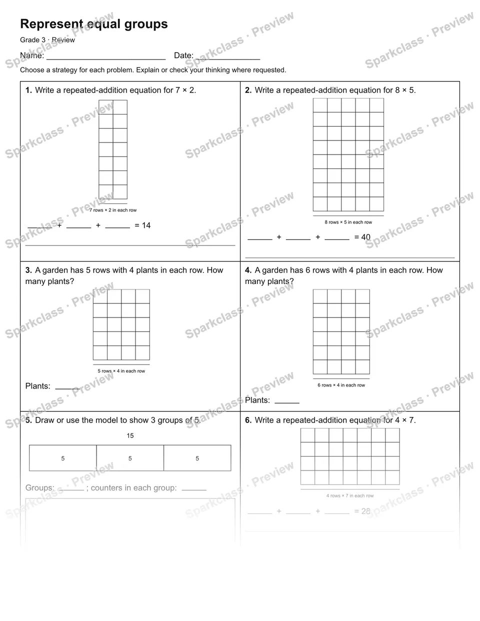 Represent equal groups — Review — Grade 3 worksheet preview