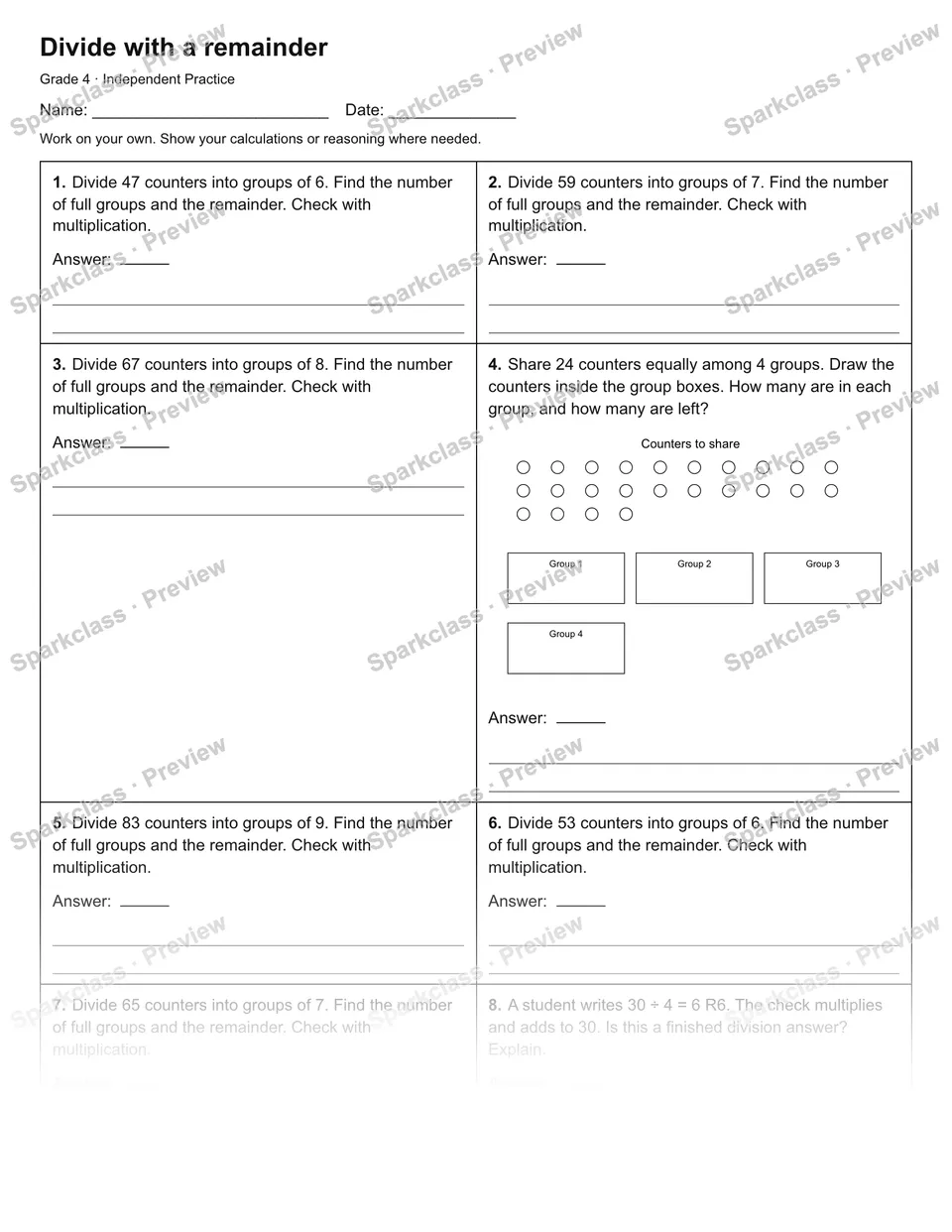 Divide with a remainder — Independent Practice — Grade 4 worksheet preview