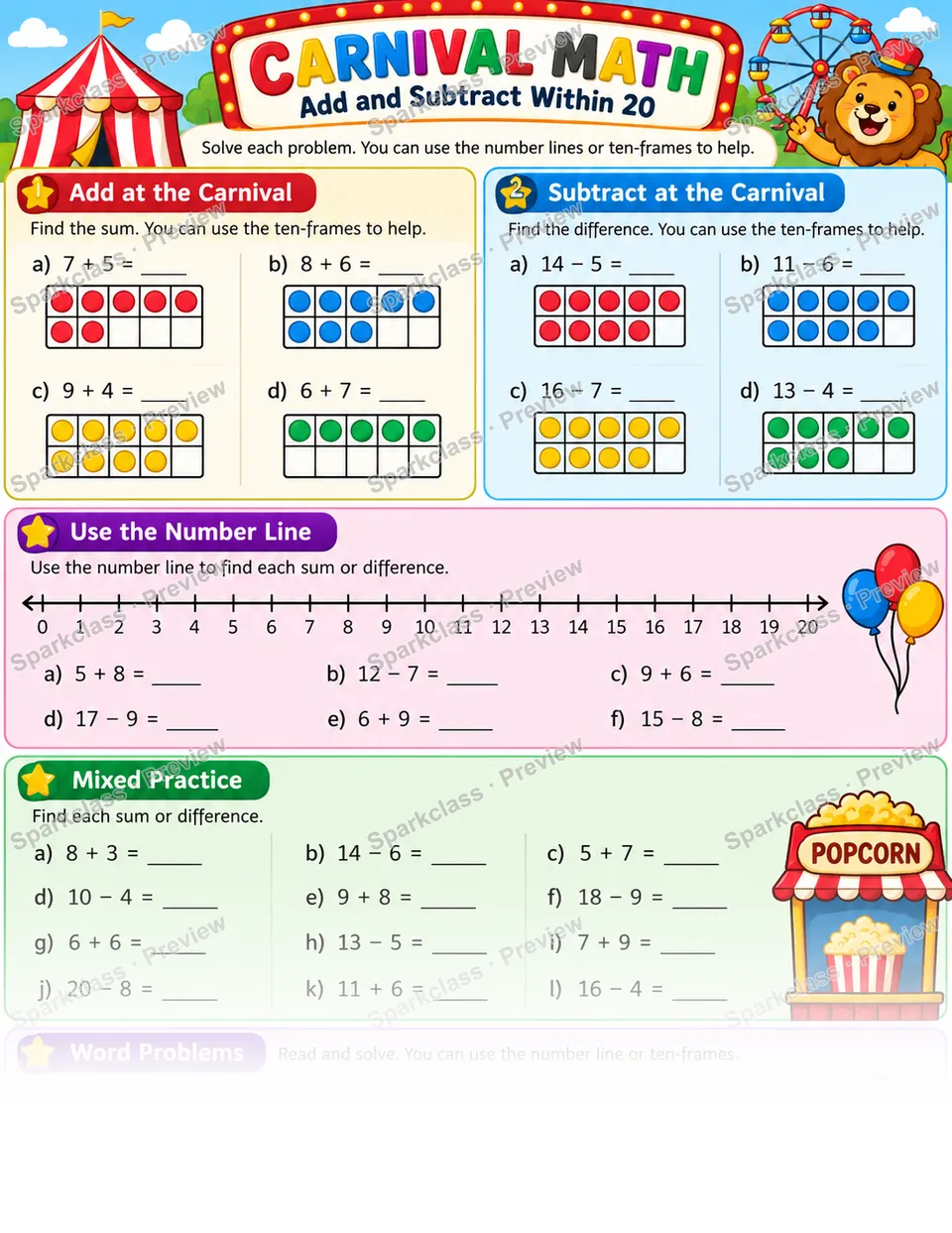 Mixed Add Subtract Within Twenty — Grade 1 worksheet preview