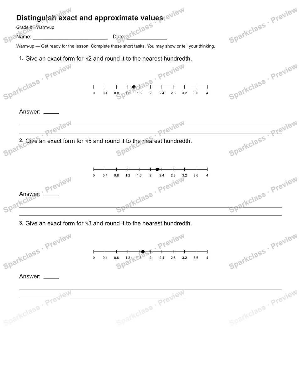 Distinguish exact and approximate values — Warm-up — Grade 8 worksheet preview