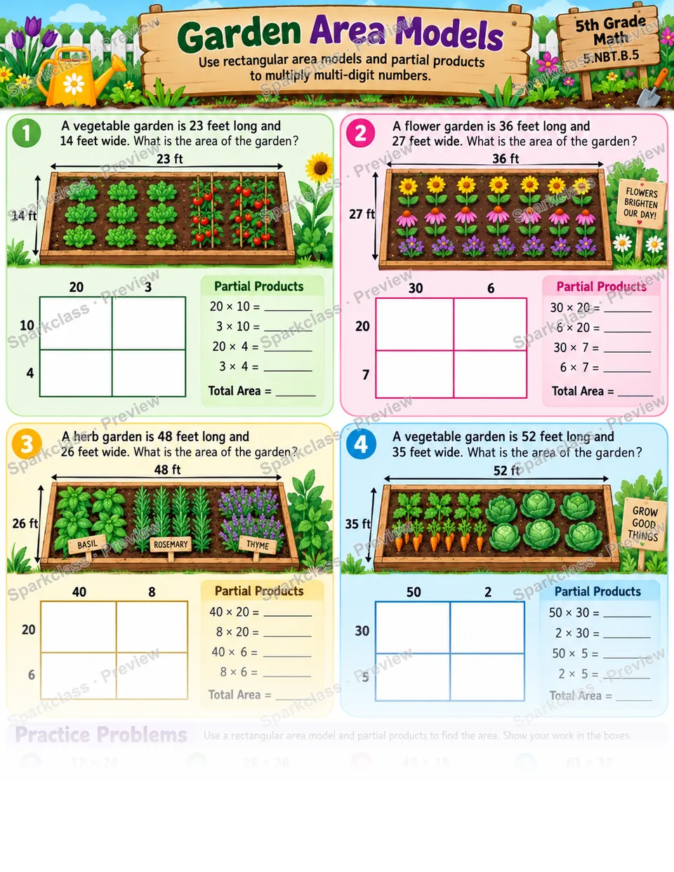 Area Models for Multiplication — Grade 5 worksheet preview