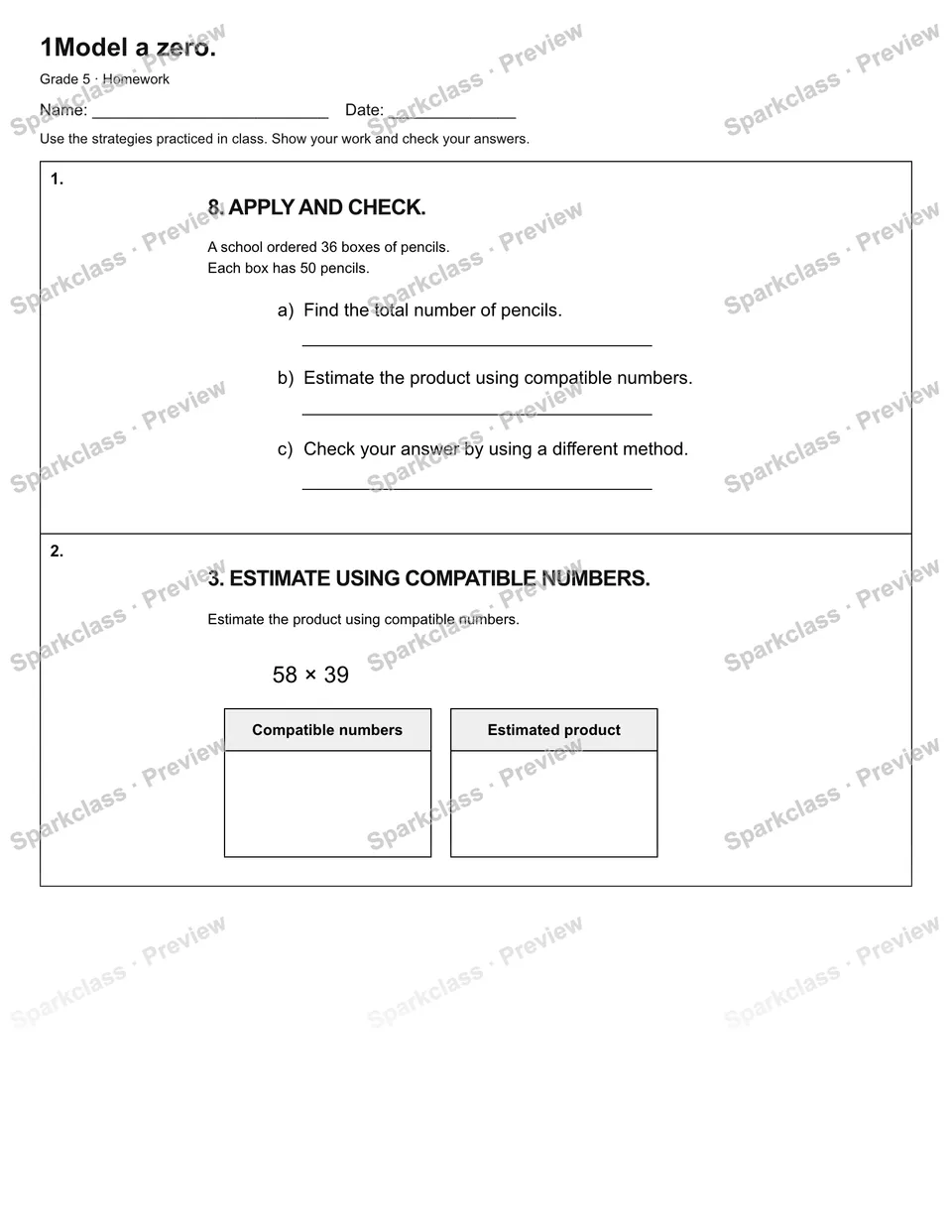 1Model a zero. — Homework — Grade 5 worksheet preview