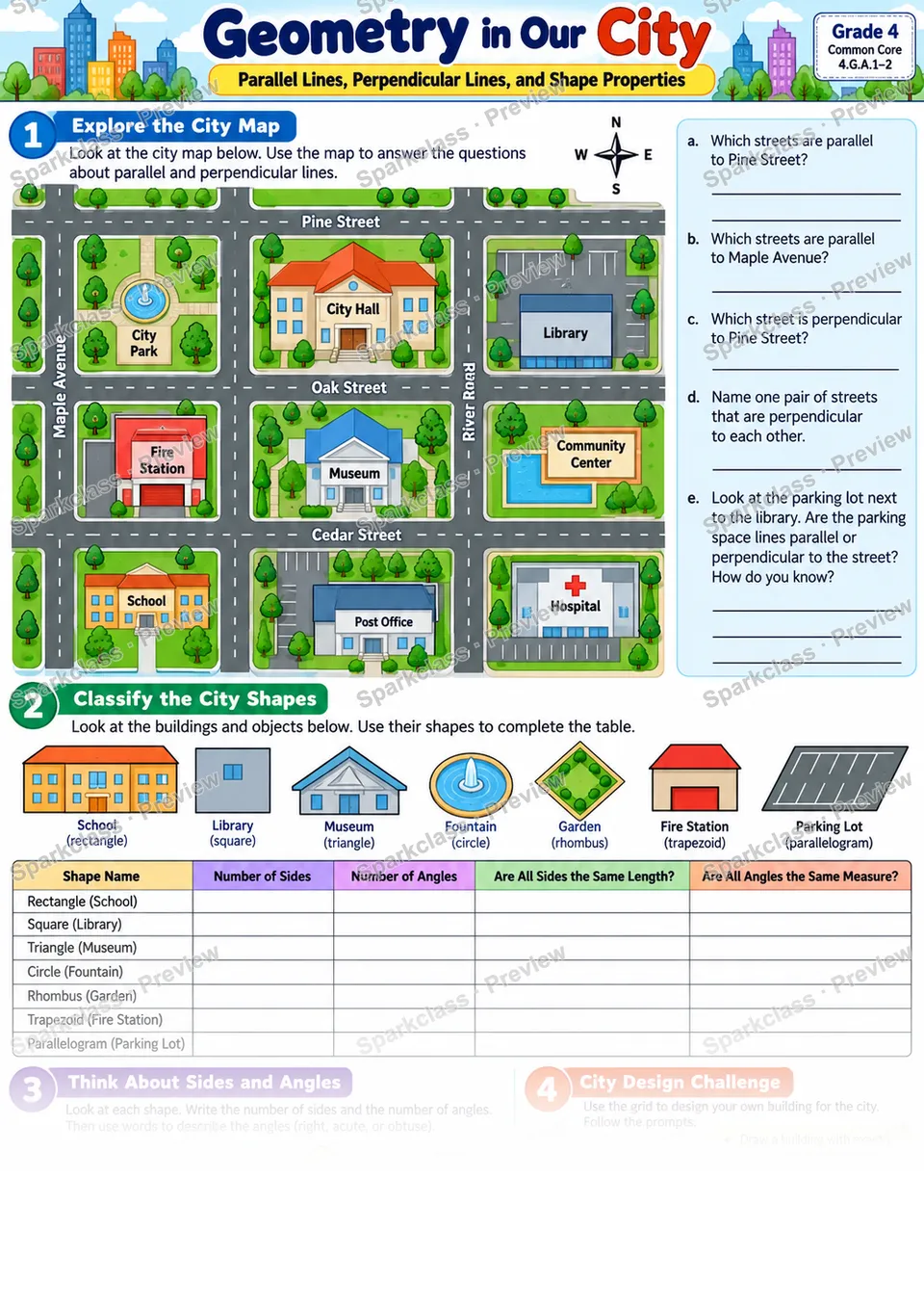 Unknown Angle Problems · City — Grade 4 worksheet preview