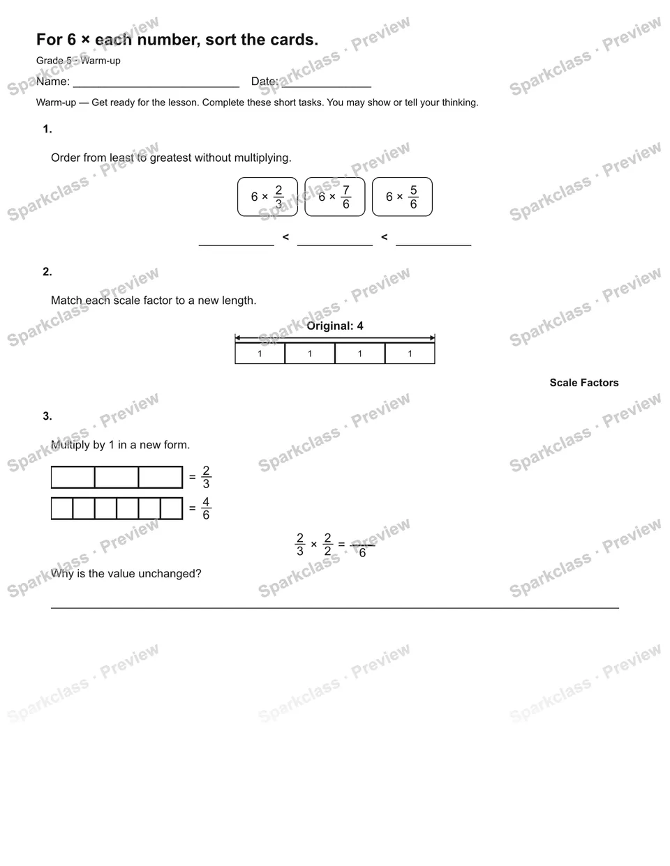 For 6 × each number, sort the cards. — Warm-up — Grade 5 worksheet preview