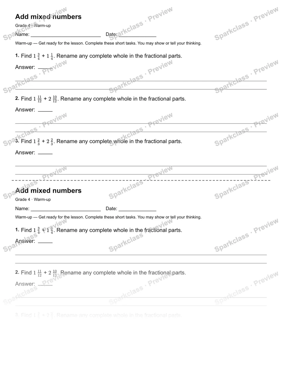 Add mixed numbers — Warm-up — Grade 4 worksheet preview