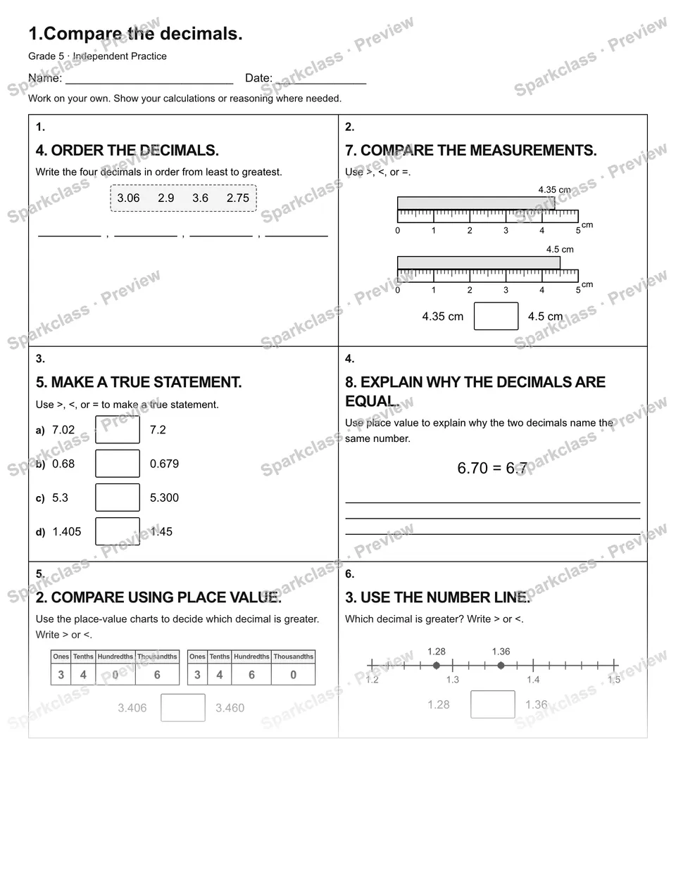 1.Compare the decimals. — Independent Practice — Grade 5 worksheet preview