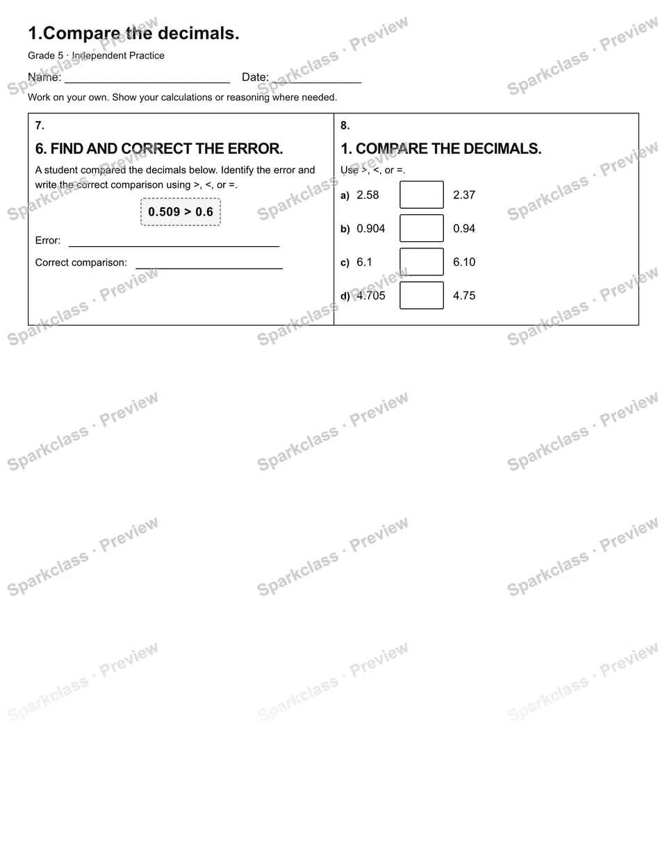 1.Compare the decimals. — Independent Practice — page 2