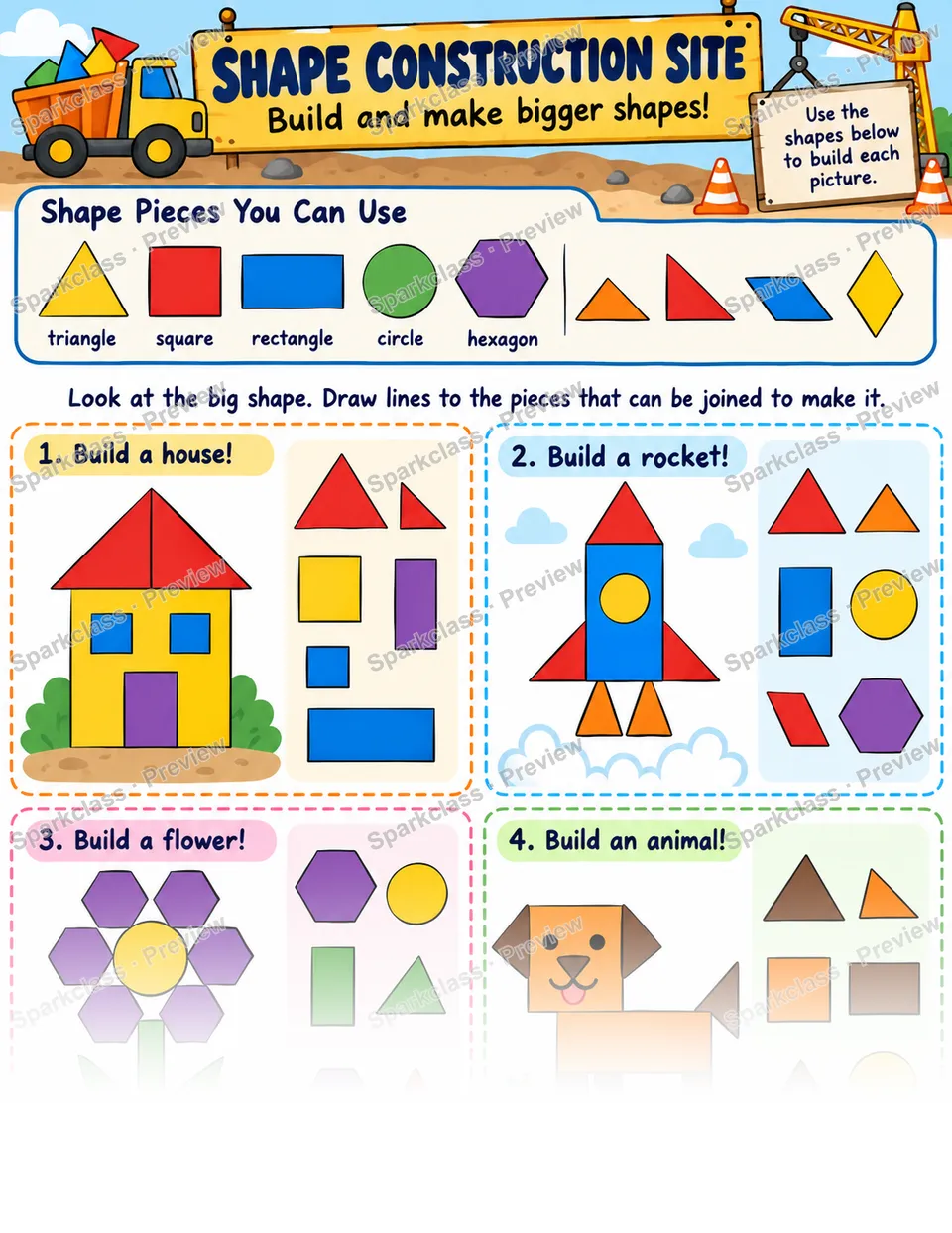Shape Construction Site · Build Shapes — Kindergarten worksheet preview