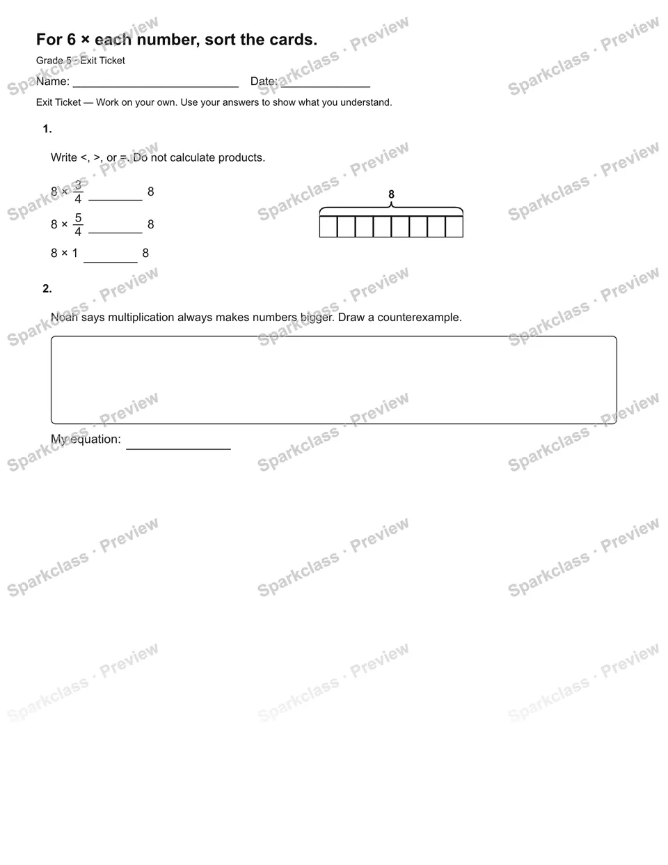 For 6 × each number, sort the cards. — Exit Ticket — page 2