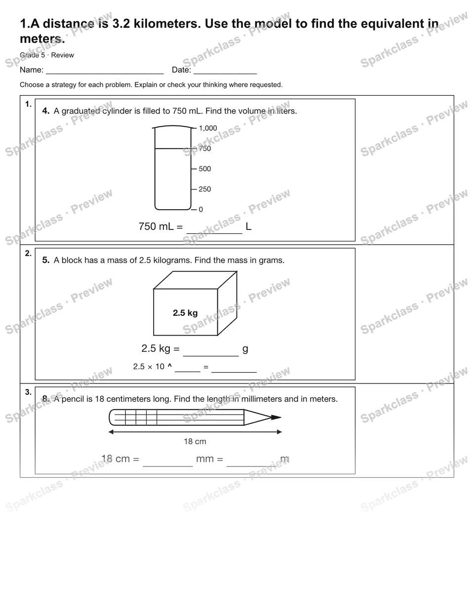 1.A distance is 3.2 kilometers. Use the model to find the equivalent in meters. — Review — Grade 5 worksheet preview