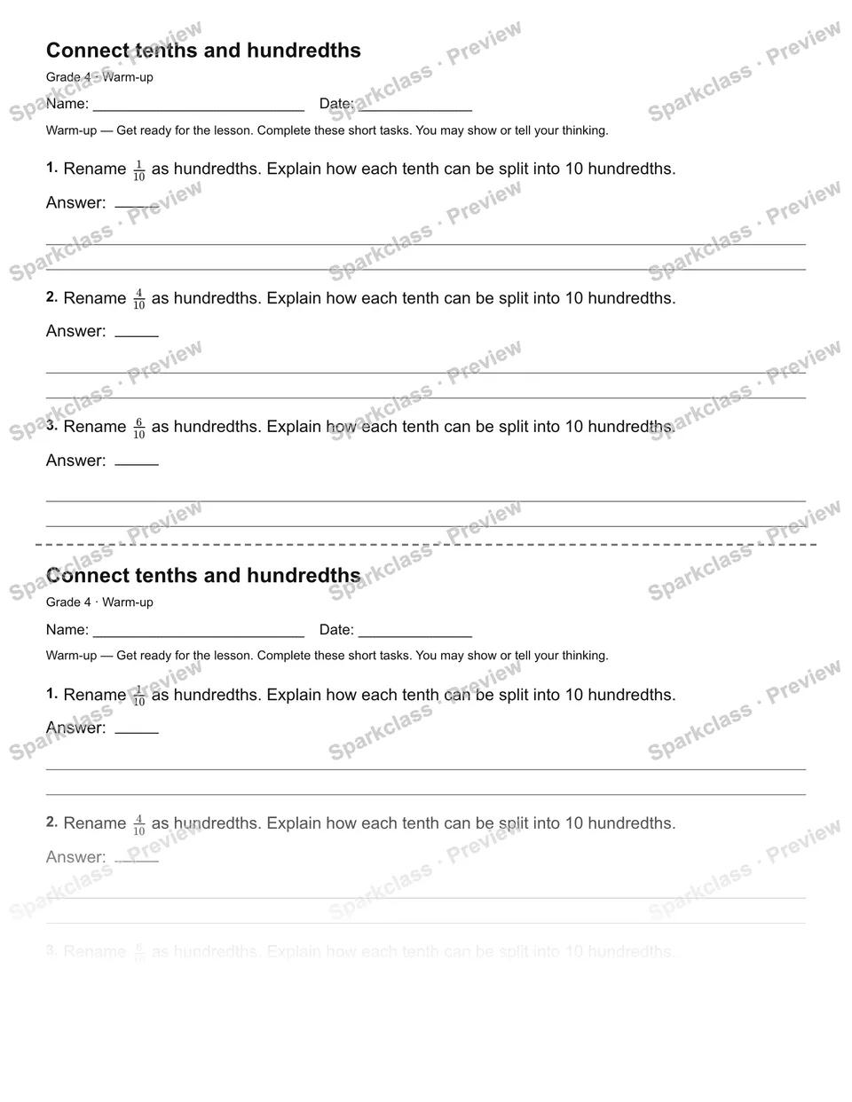 Connect tenths and hundredths — Warm-up — Grade 4 worksheet preview