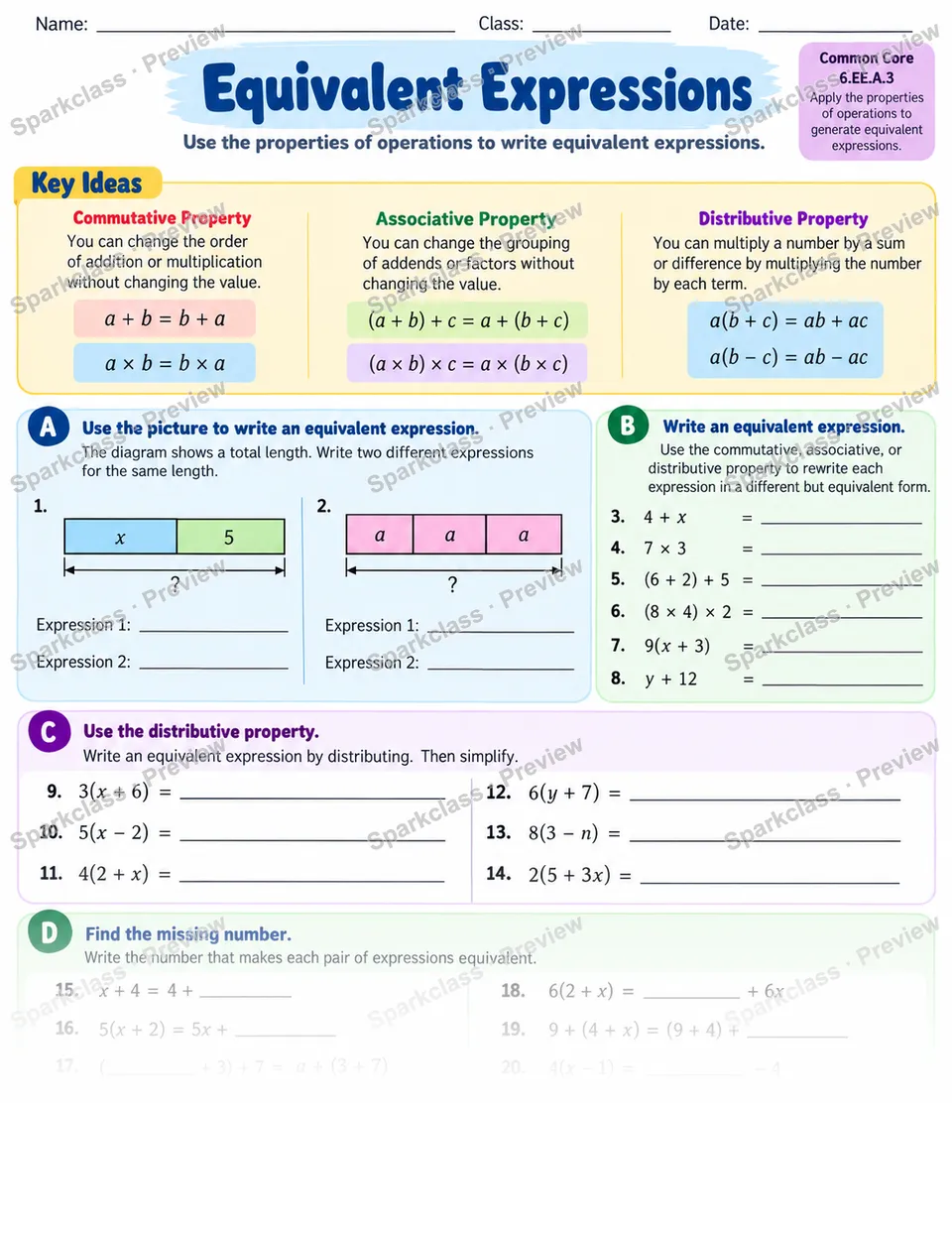 Equivalent Expressions — Grade 6 worksheet preview