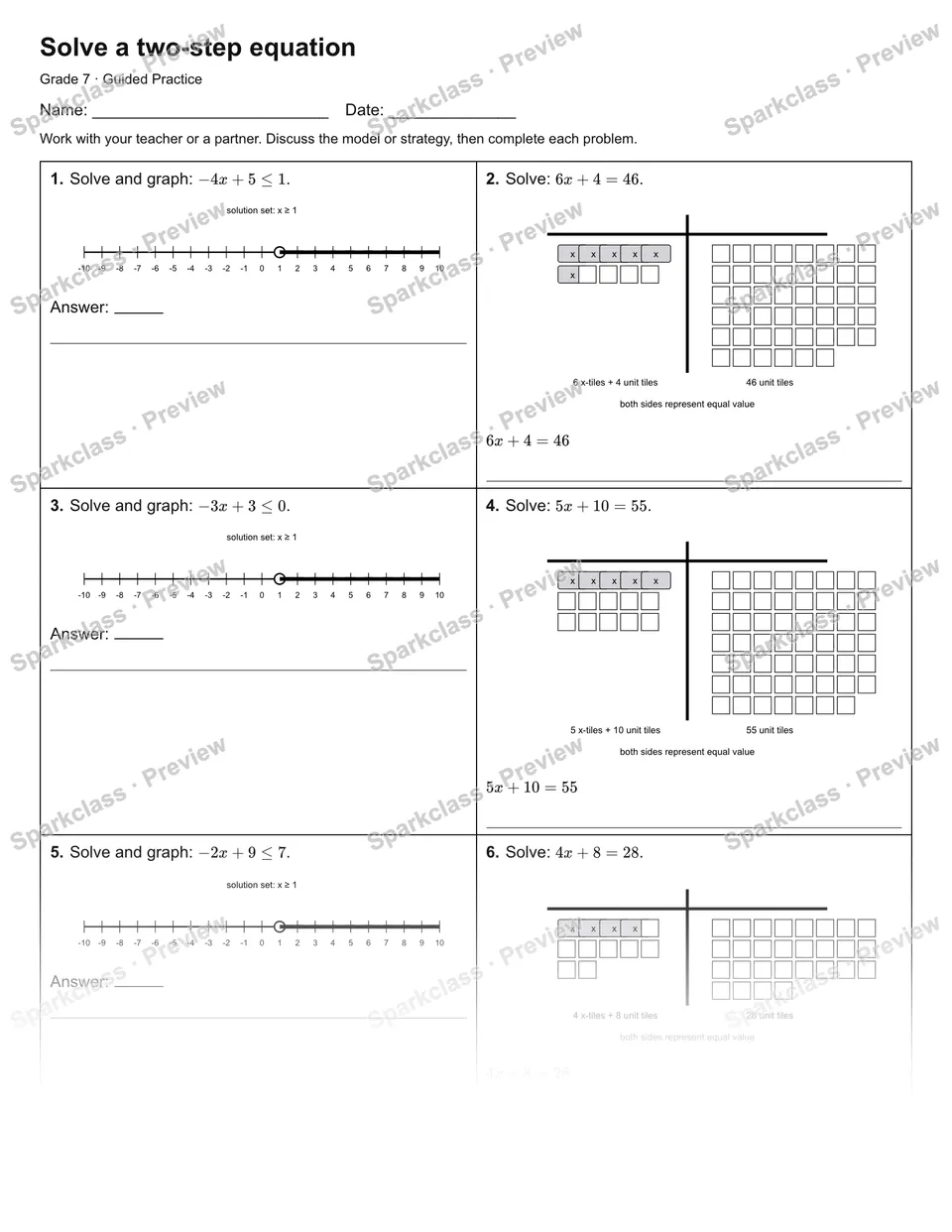 Solve a two-step equation — Guided Practice — Grade 7 worksheet preview