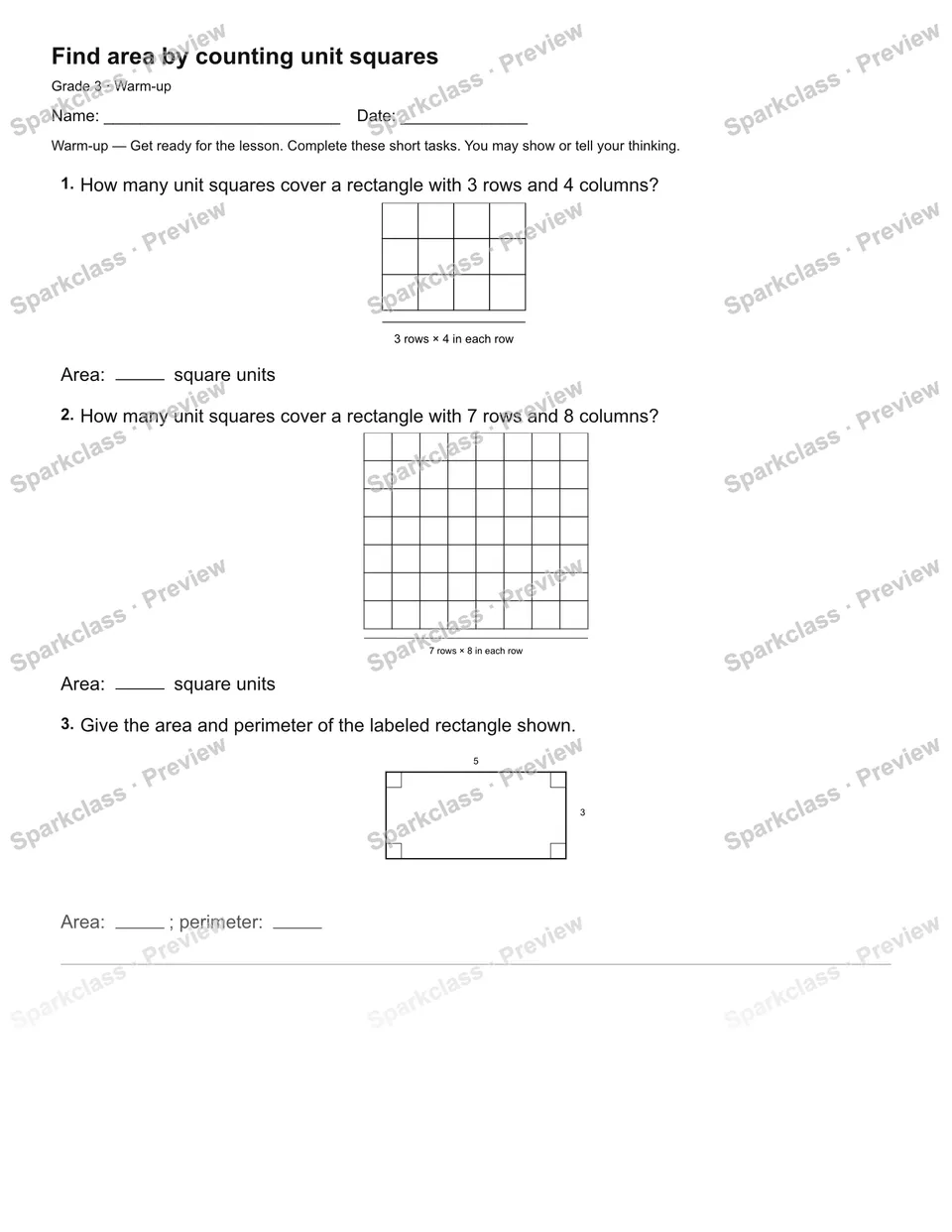 Find area by counting unit squares — Warm-up — Grade 3 worksheet preview