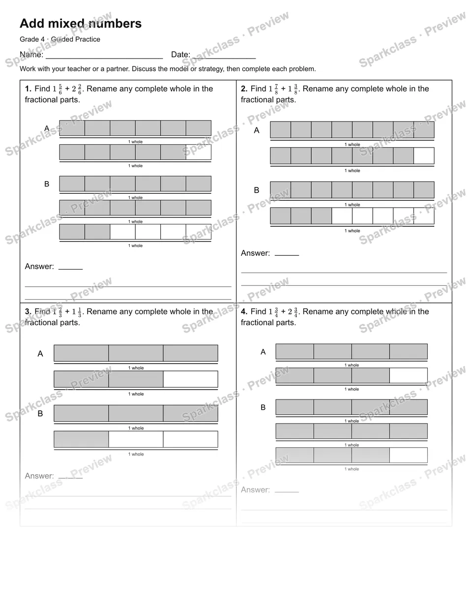 Add mixed numbers — Guided Practice — Grade 4 worksheet preview