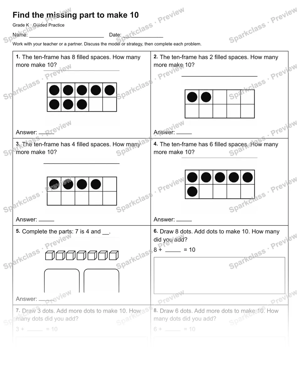 Find the missing part to make 10 — Guided Practice — Kindergarten worksheet preview