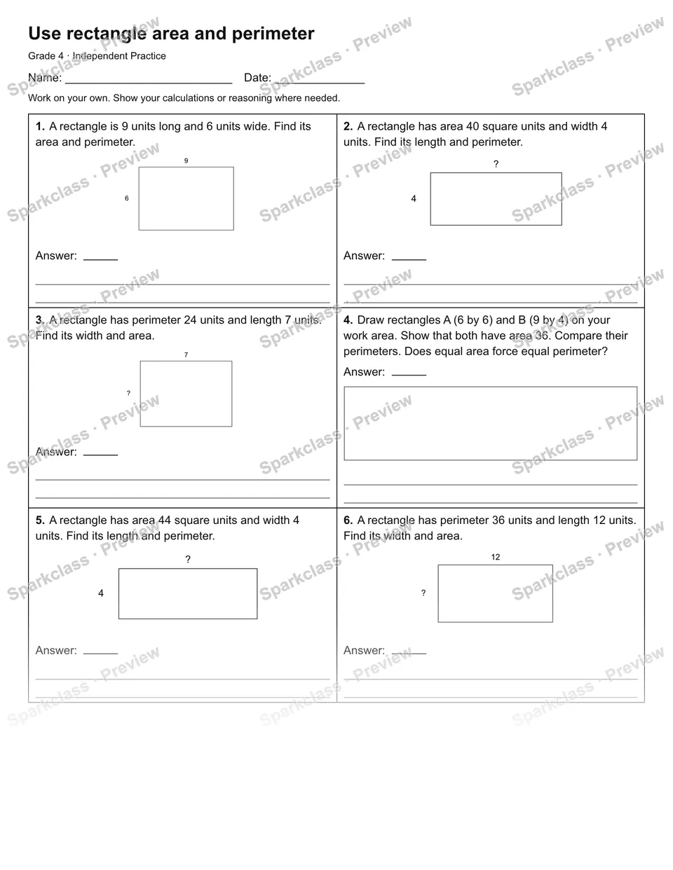 Use rectangle area and perimeter — Independent Practice — Grade 4 worksheet preview