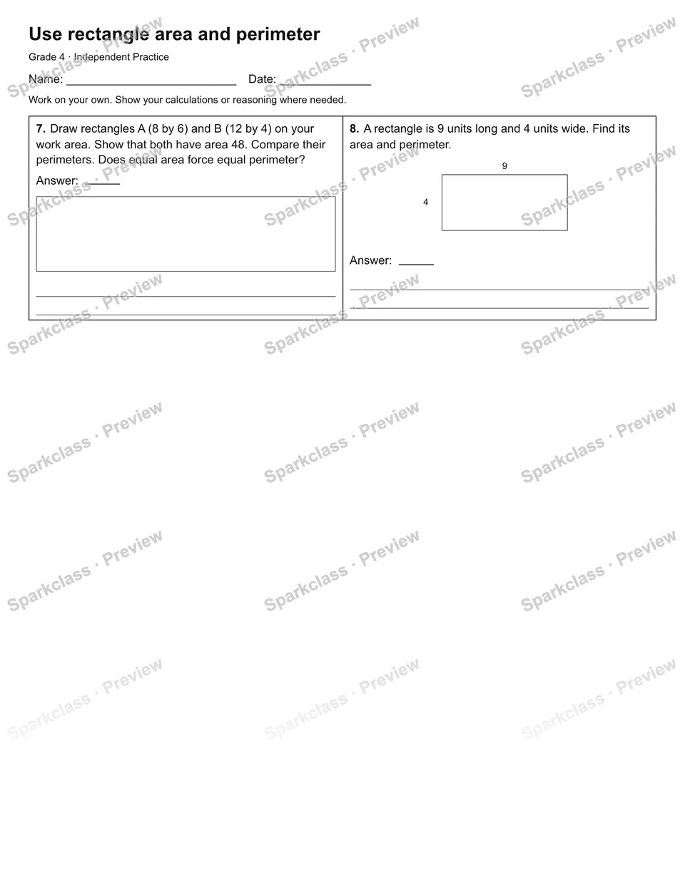 Use rectangle area and perimeter — Independent Practice — page 2