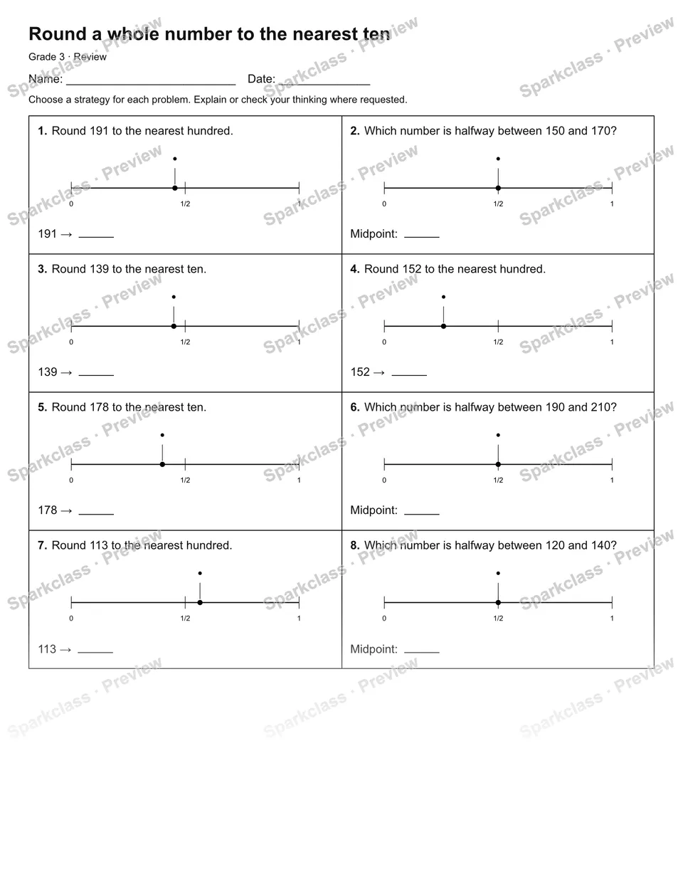 Round a whole number to the nearest ten — Review — Grade 3 worksheet preview