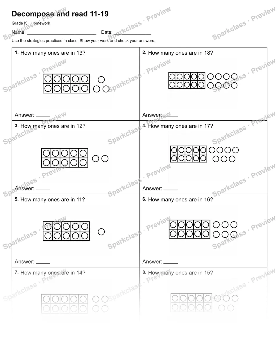 Decompose and read 11-19 — Homework — Kindergarten worksheet preview