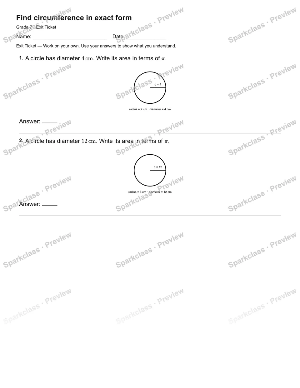 Find circumference in exact form — Exit Ticket — Grade 7 worksheet preview