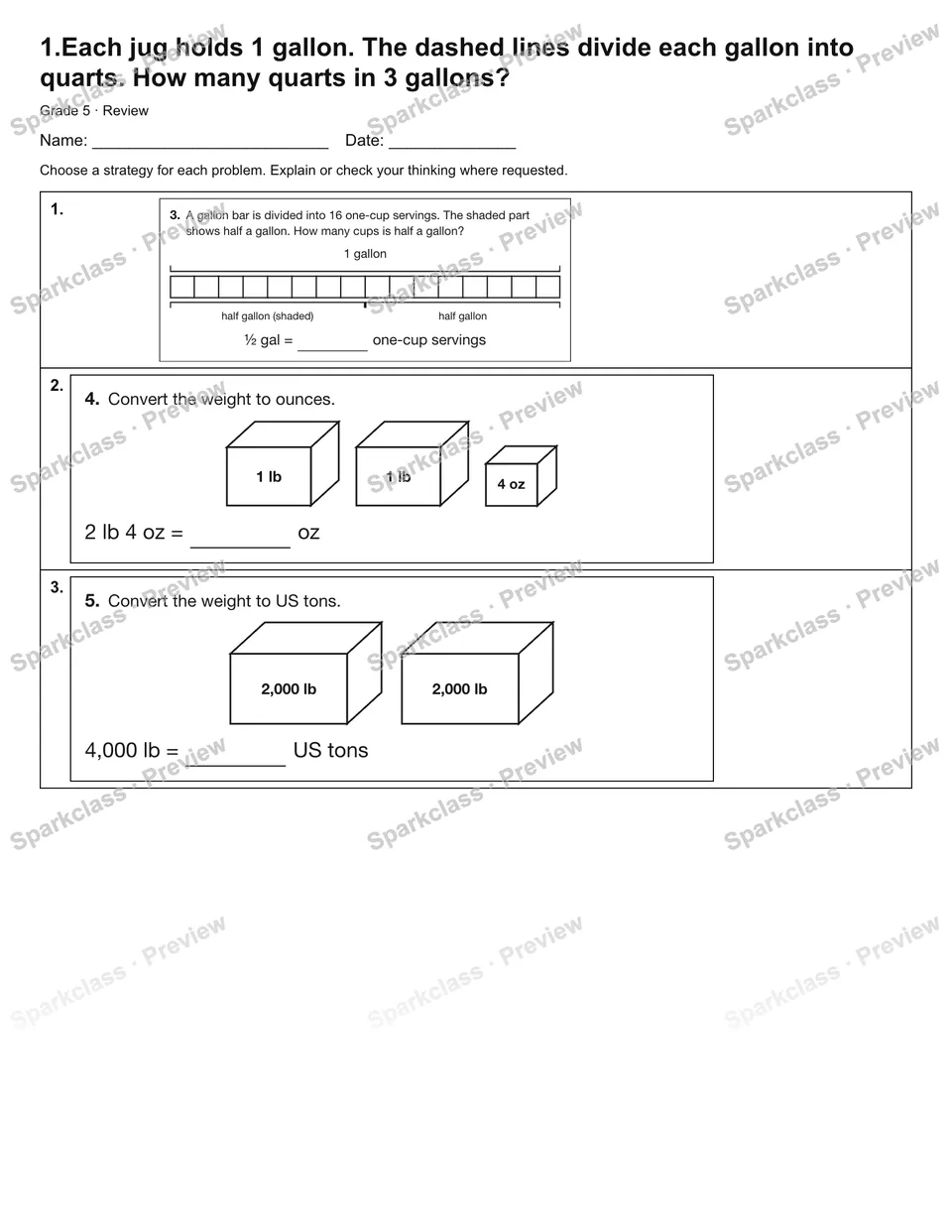 1.Each jug holds 1 gallon. The dashed lines divide each gallon into quarts. How many quarts in 3 gallons? — Review — Grade 5 worksheet preview