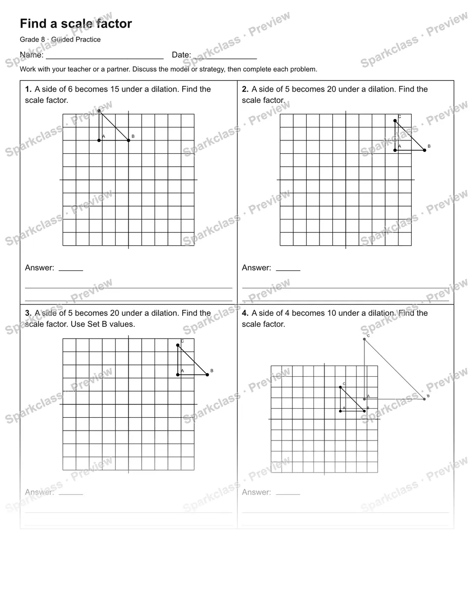Find a scale factor — Guided Practice — Grade 8 worksheet preview
