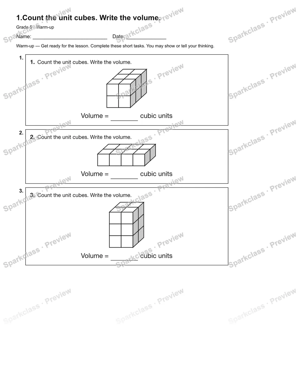 1.Count the unit cubes. Write the volume. — Warm-up — Grade 5 worksheet preview